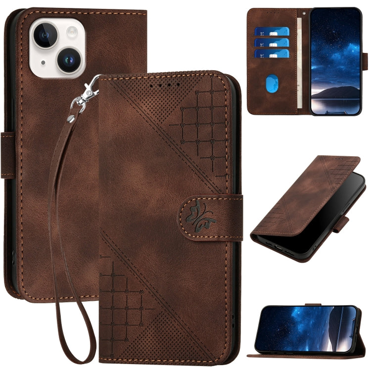 YX0080 Grid Butterfly Embossed Pattern Flip Leather Phone Case with Lanyard, For iPhone 15, For iPhone 14 Plus, For iPhone 14, For iPhone 14 Pro