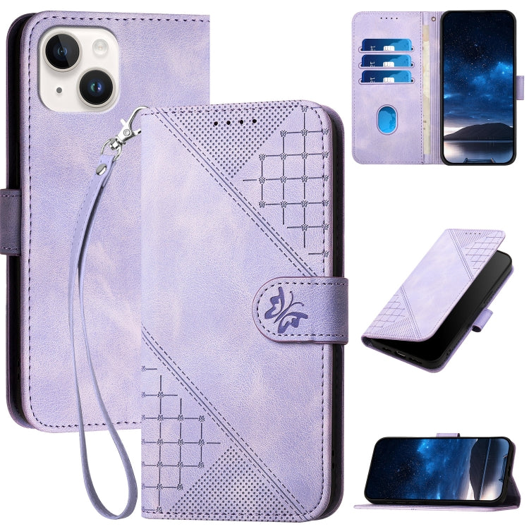 YX0080 Grid Butterfly Embossed Pattern Flip Leather Phone Case with Lanyard, For iPhone 15, For iPhone 14 Plus, For iPhone 14, For iPhone 14 Pro