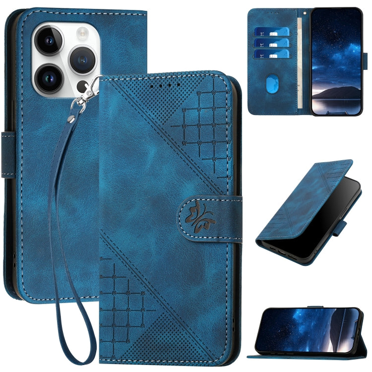 YX0080 Grid Butterfly Embossed Pattern Flip Leather Phone Case with Lanyard, For iPhone 15, For iPhone 14 Plus, For iPhone 14, For iPhone 14 Pro