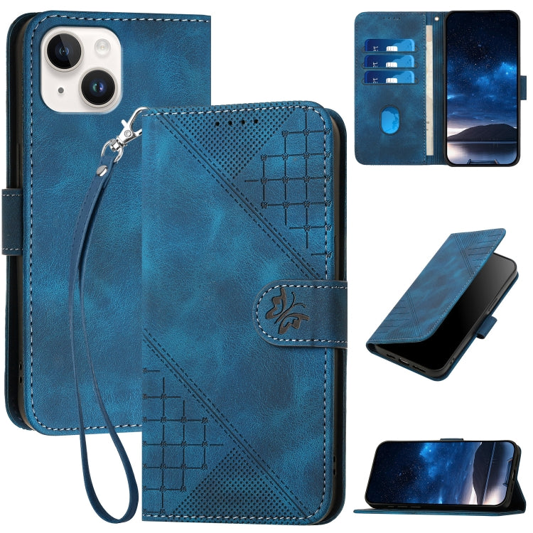 YX0080 Grid Butterfly Embossed Pattern Flip Leather Phone Case with Lanyard, For iPhone 13, For iPhone 13 mini, For iPhone 12 / 12 Pro, For iPhone 12 Pro Max
