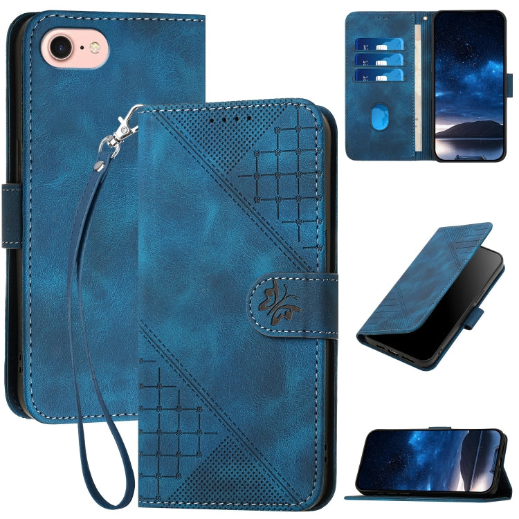 YX0080 Grid Butterfly Embossed Pattern Flip Leather Phone Case with Lanyard, For iPhone 14 Pro Max, For iPhone 7 / 8 / SE 2022, For iPhone 13 Pro Max, For iPhone 13 Pro