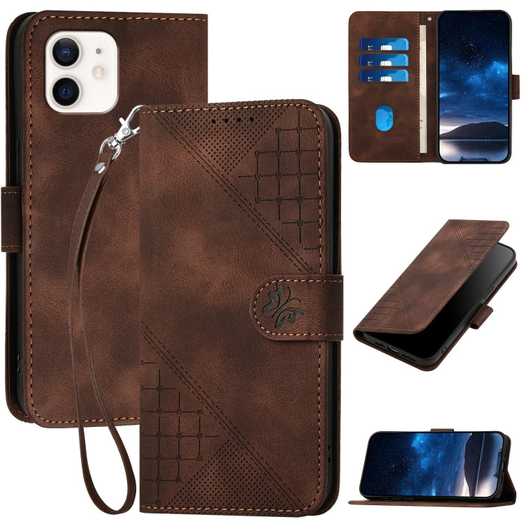 YX0080 Grid Butterfly Embossed Pattern Flip Leather Phone Case with Lanyard, For iPhone 13, For iPhone 13 mini, For iPhone 12 / 12 Pro, For iPhone 12 Pro Max