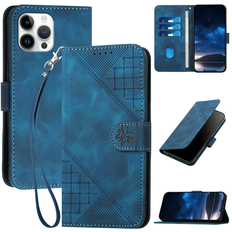 YX0080 Grid Butterfly Embossed Pattern Flip Leather Phone Case with Lanyard, For iPhone 13, For iPhone 13 mini, For iPhone 12 / 12 Pro, For iPhone 12 Pro Max