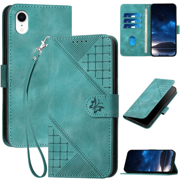 YX0080 Grid Butterfly Embossed Pattern Flip Leather Phone Case with Lanyard, For iPhone XS / X, For iPhone XR, For iPhone XS Max, For iPhone 8 Plus / 7 Plus