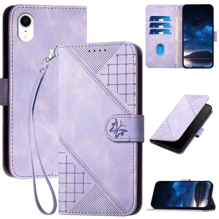 YX0080 Grid Butterfly Embossed Pattern Flip Leather Phone Case with Lanyard, For iPhone XS / X, For iPhone XR, For iPhone XS Max, For iPhone 8 Plus / 7 Plus