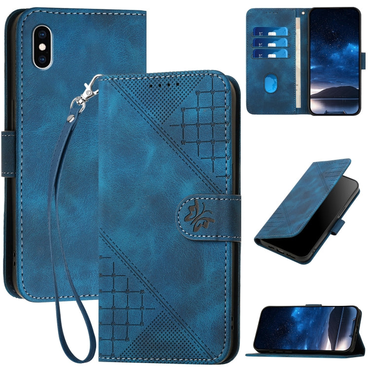 YX0080 Grid Butterfly Embossed Pattern Flip Leather Phone Case with Lanyard, For iPhone XS / X, For iPhone XR, For iPhone XS Max, For iPhone 8 Plus / 7 Plus