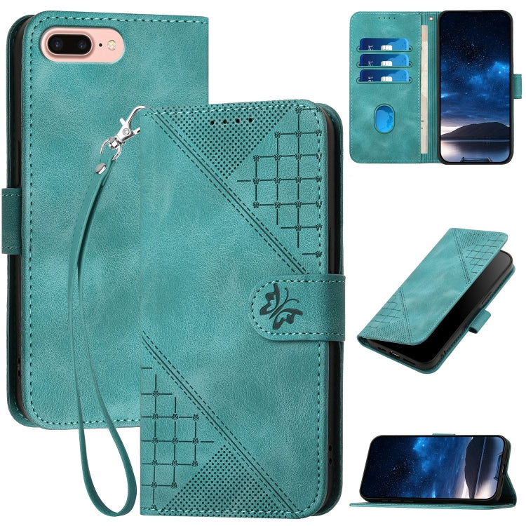 YX0080 Grid Butterfly Embossed Pattern Flip Leather Phone Case with Lanyard, For iPhone XS / X, For iPhone XR, For iPhone XS Max, For iPhone 8 Plus / 7 Plus