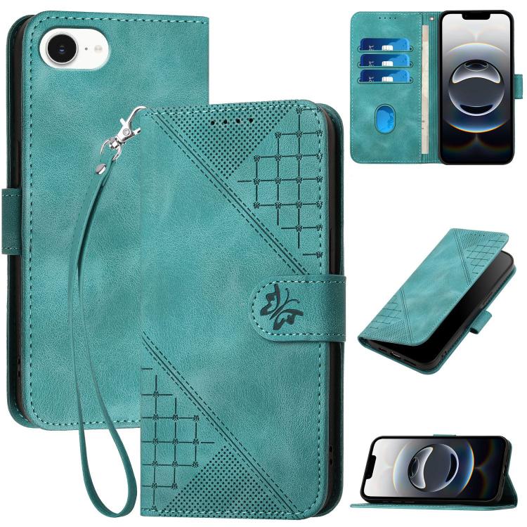 YX0080 Grid Butterfly Embossed Pattern Flip Leather Phone Case with Lanyard, For iPhone 17e / 16e, For iPhone 17 Pro Max, For iPhone 17 Pro, For iPhone 17