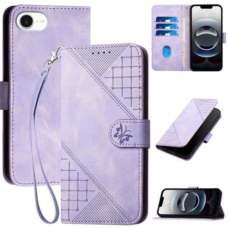 YX0080 Grid Butterfly Embossed Pattern Flip Leather Phone Case with Lanyard, For iPhone 17e / 16e, For iPhone 17 Pro Max, For iPhone 17 Pro, For iPhone 17