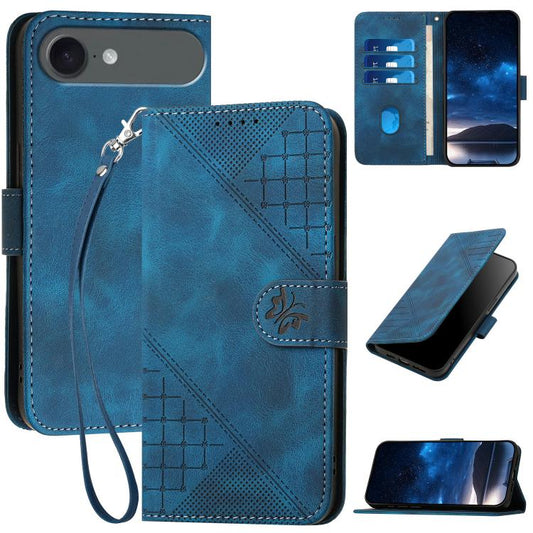 YX0080 Grid Butterfly Embossed Pattern Flip Leather Phone Case with Lanyard, For iPhone Air, For iPhone 16 Pro Max, For iPhone 16 Pro, For iPhone 16 Plus