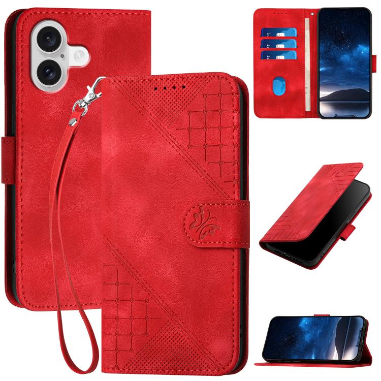 YX0080 Grid Butterfly Embossed Pattern Flip Leather Phone Case with Lanyard, For iPhone 17e / 16e, For iPhone 17 Pro Max, For iPhone 17 Pro, For iPhone 17
