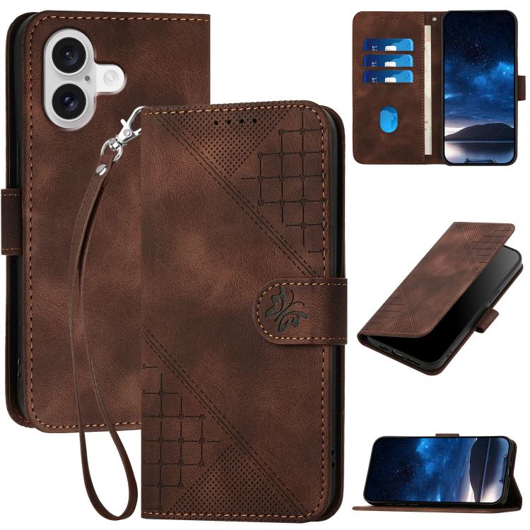 YX0080 Grid Butterfly Embossed Pattern Flip Leather Phone Case with Lanyard, For iPhone 17e / 16e, For iPhone 17 Pro Max, For iPhone 17 Pro, For iPhone 17