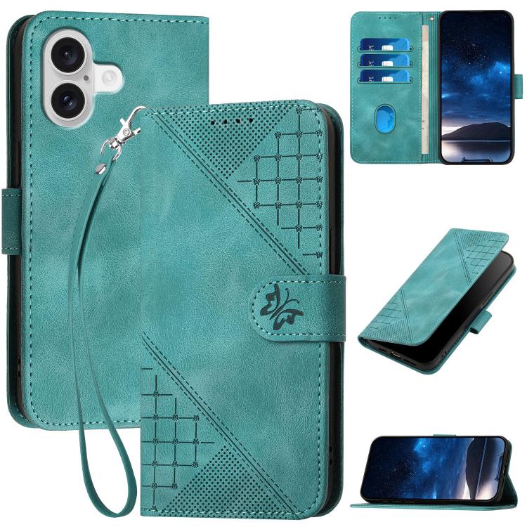 YX0080 Grid Butterfly Embossed Pattern Flip Leather Phone Case with Lanyard, For iPhone 17e / 16e, For iPhone 17 Pro Max, For iPhone 17 Pro, For iPhone 17