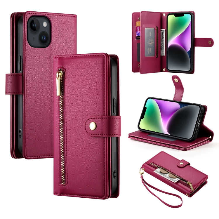 Nine Card-slot Zipper Wallet Bag Leather Phone Case, For iPhone 15, For iPhone 14 Plus, For iPhone 14, For iPhone 14 Pro