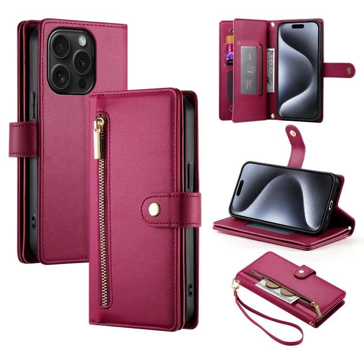 Nine Card-slot Zipper Wallet Bag Leather Phone Case, For iPhone 16, For iPhone 15 Pro Max, For iPhone 15 Pro, For iPhone 15 Plus