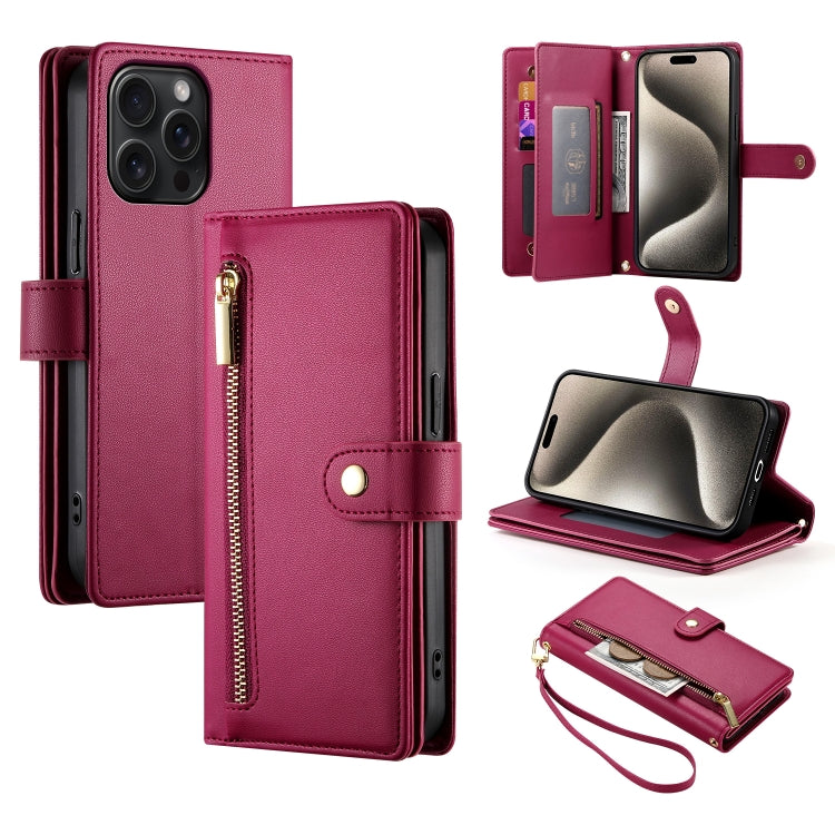 Nine Card-slot Zipper Wallet Bag Leather Phone Case, For iPhone 16, For iPhone 15 Pro Max, For iPhone 15 Pro, For iPhone 15 Plus