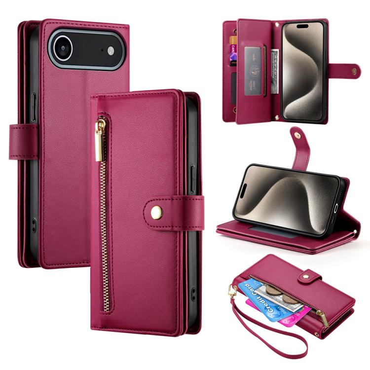 Nine Card-slot Zipper Wallet Bag Leather Phone Case, For iPhone 16e, For iPhone 16 Pro Max, For iPhone 16 Pro, For iPhone 16 Plus
