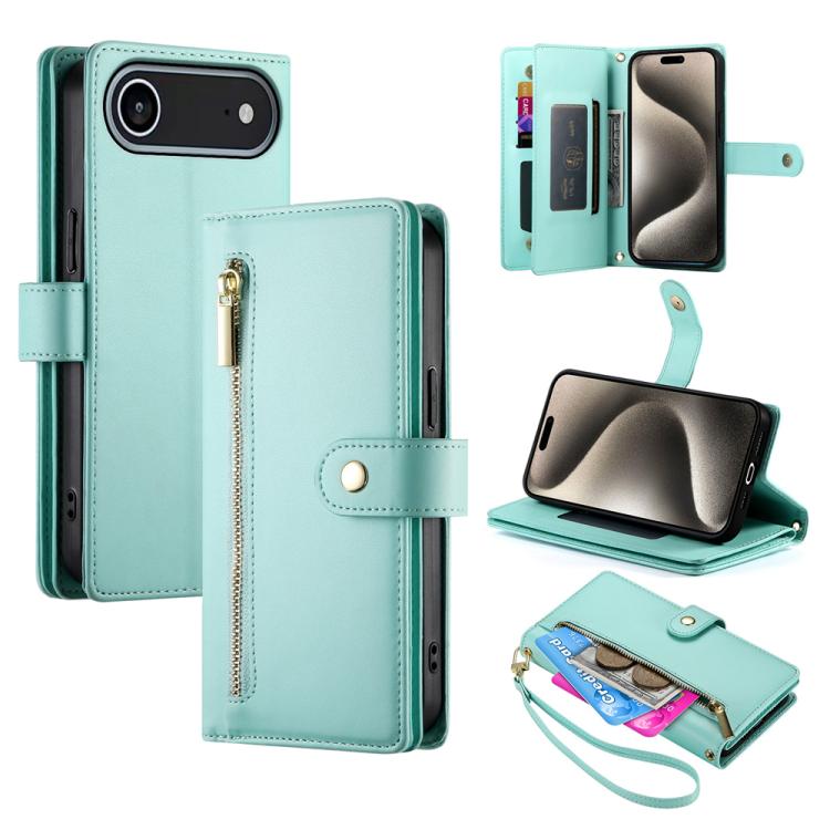 Nine Card-slot Zipper Wallet Bag Leather Phone Case, For iPhone 16e, For iPhone 16 Pro Max, For iPhone 16 Pro, For iPhone 16 Plus