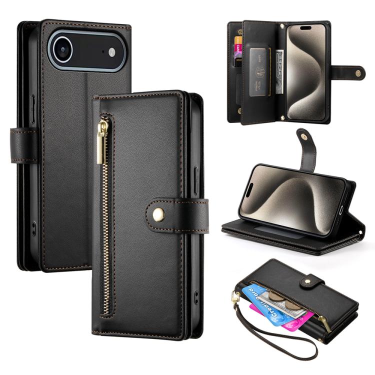 Nine Card-slot Zipper Wallet Bag Leather Phone Case, For iPhone 16e, For iPhone 16 Pro Max, For iPhone 16 Pro, For iPhone 16 Plus