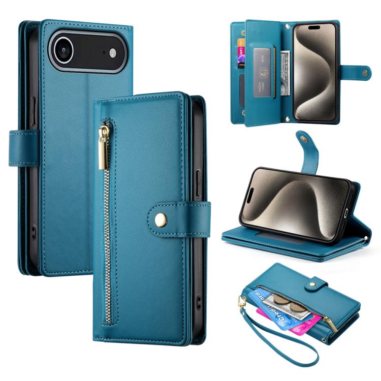 Nine Card-slot Zipper Wallet Bag Leather Phone Case, For iPhone 16e, For iPhone 16 Pro Max, For iPhone 16 Pro, For iPhone 16 Plus