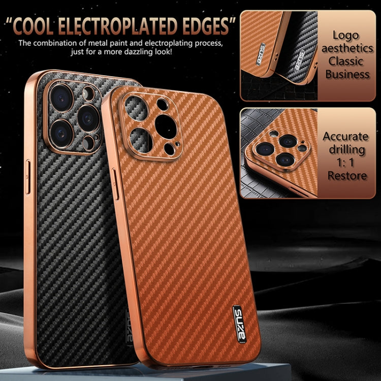 AZNS Electroplated Edge Carbon Fiber Texture Phone Case, For iPhone 12 Pro, For iPhone 11, For iPhone 11 Pro