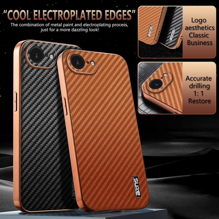 AZNS Electroplated Edge Carbon Fiber Texture Phone Case, For iPhone 16e, For iPhone 16 Pro Max, For iPhone 16 Pro, For iPhone 16 Plus, For iPhone 16, For iPhone 15 Pro Max