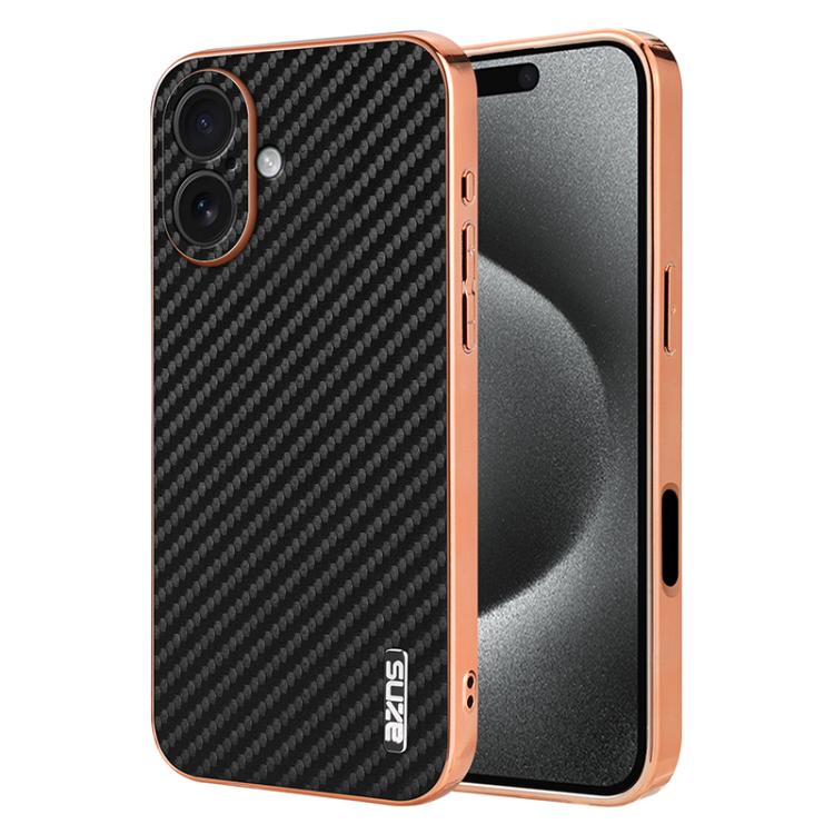 AZNS Electroplated Edge Carbon Fiber Texture Phone Case, For iPhone 16e, For iPhone 16 Pro Max, For iPhone 16 Pro, For iPhone 16 Plus, For iPhone 16, For iPhone 15 Pro Max