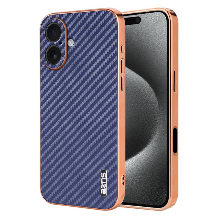 AZNS Electroplated Edge Carbon Fiber Texture Phone Case, For iPhone 16e, For iPhone 16 Pro Max, For iPhone 16 Pro, For iPhone 16 Plus, For iPhone 16, For iPhone 15 Pro Max
