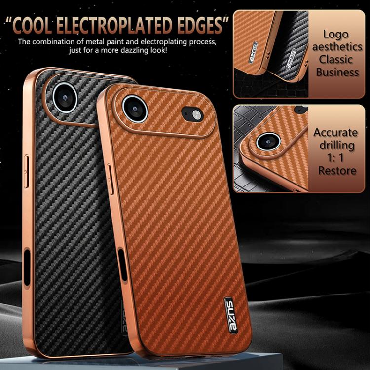 AZNS Electroplated Edge Carbon Fiber Texture Phone Case, For iPhone 15 Pro, For iPhone 15 Plus, For iPhone 15, For iPhone 14 Plus, For iPhone 14, For iPhone 14 Pro