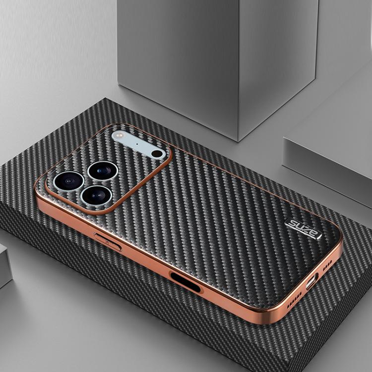 AZNS Electroplated Edge Carbon Fiber Texture Phone Case, For iPhone 16e, For iPhone 16 Pro Max, For iPhone 16 Pro, For iPhone 16 Plus, For iPhone 16, For iPhone 15 Pro Max