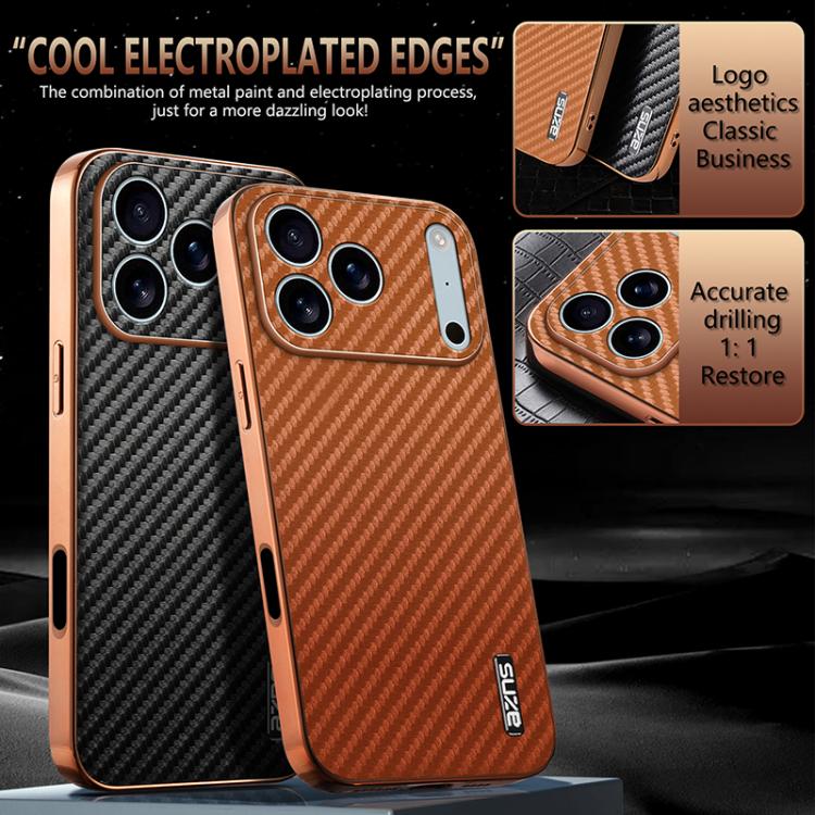 AZNS Electroplated Edge Carbon Fiber Texture Phone Case, For iPhone 16e, For iPhone 16 Pro Max, For iPhone 16 Pro, For iPhone 16 Plus, For iPhone 16, For iPhone 15 Pro Max