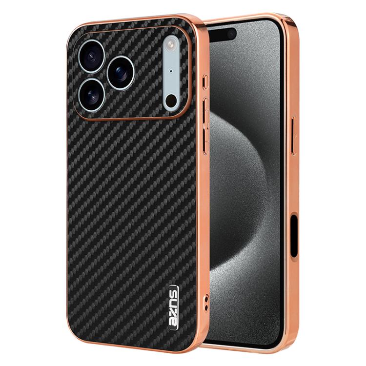 AZNS Electroplated Edge Carbon Fiber Texture Phone Case, For iPhone 16e, For iPhone 16 Pro Max, For iPhone 16 Pro, For iPhone 16 Plus, For iPhone 16, For iPhone 15 Pro Max