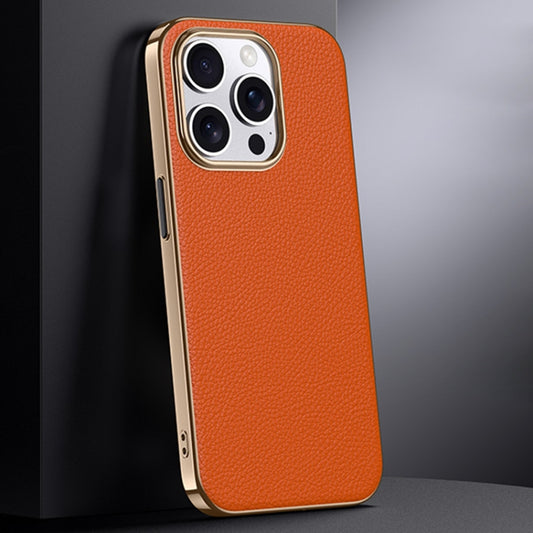 First Layer Cowhide Leather Electroplated PC Phone Case, For iPhone 16 Pro Max, For iPhone 16 Pro, For iPhone 16, For iPhone 15 Pro Max