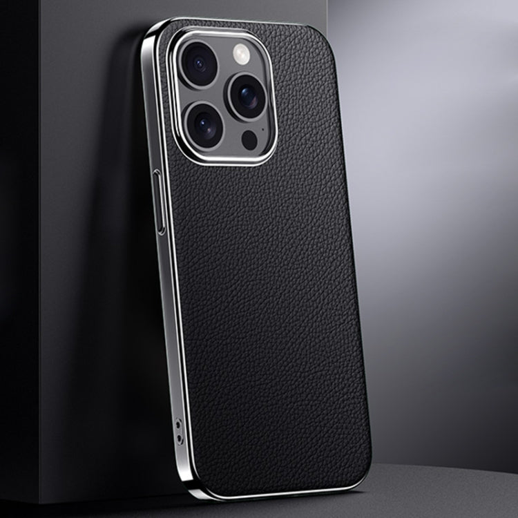 First Layer Cowhide Leather Electroplated PC Phone Case, For iPhone 16 Pro Max, For iPhone 16 Pro, For iPhone 16, For iPhone 15 Pro Max