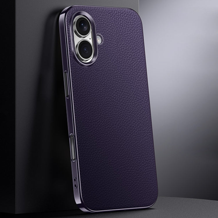 First Layer Cowhide Leather Electroplated PC Phone Case, For iPhone 16 Pro Max, For iPhone 16 Pro, For iPhone 16, For iPhone 15 Pro Max