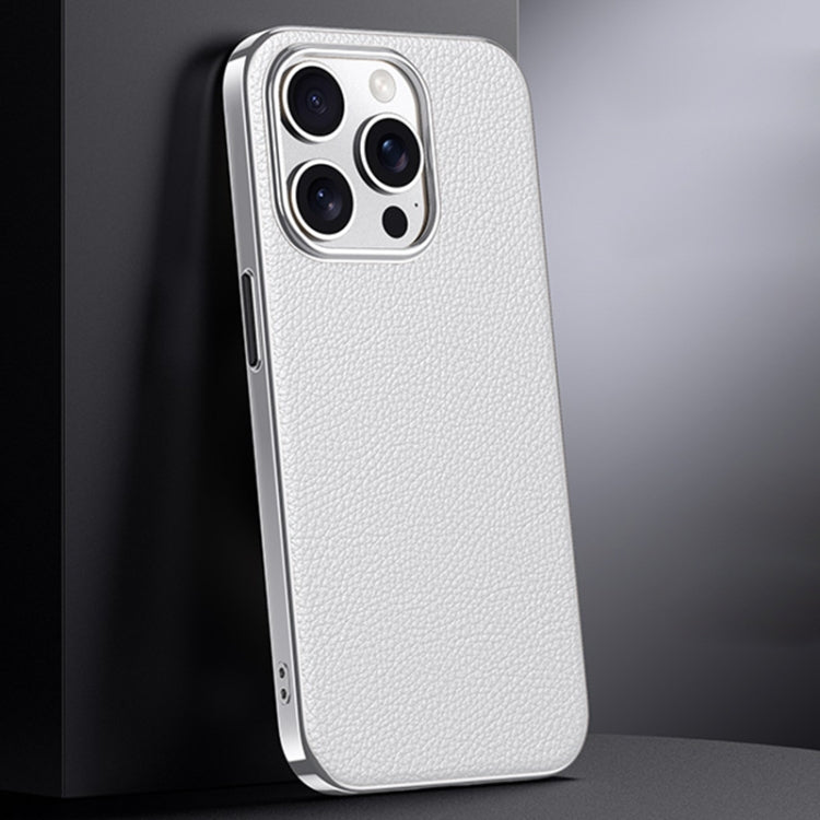 First Layer Cowhide Leather Electroplated PC Phone Case, For iPhone 16 Pro Max, For iPhone 16 Pro, For iPhone 16, For iPhone 15 Pro Max