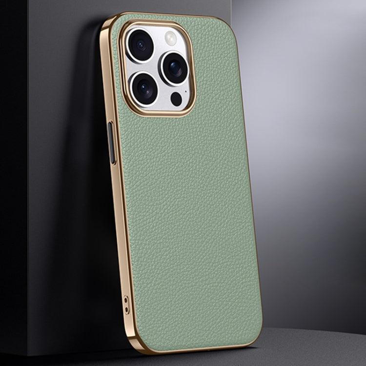 First Layer Cowhide Leather Electroplated PC Phone Case, For iPhone 15 Pro, For iPhone 15, For iPhone 14, For iPhone 14 Pro, For iPhone 14 Pro Max