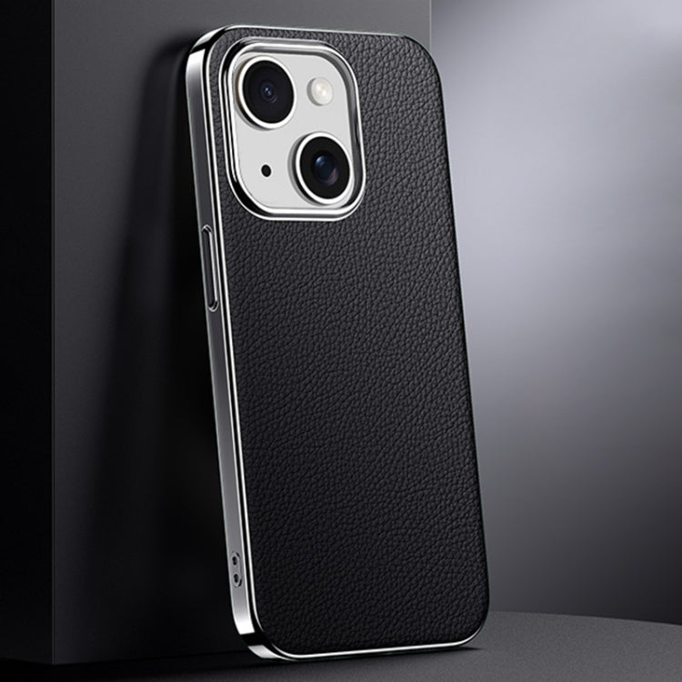 First Layer Cowhide Leather Electroplated PC Phone Case, For iPhone 15 Pro, For iPhone 15, For iPhone 14, For iPhone 14 Pro, For iPhone 14 Pro Max