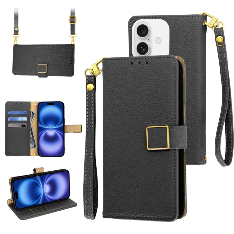 Crossbody Litchi Texture Square Buckle Leather Phone Case, For iPhone 16, For iPhone 15 Pro Max, For iPhone 15 Pro