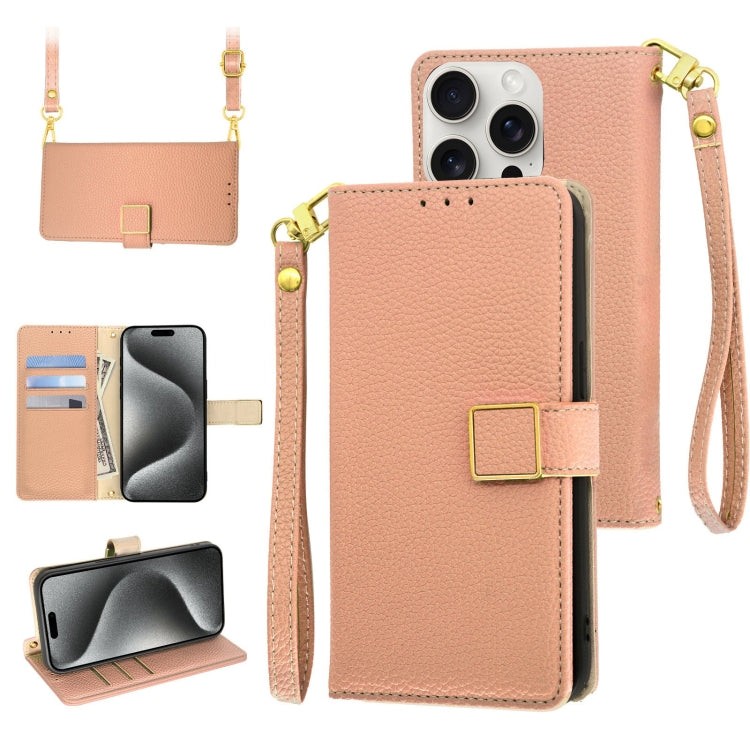 Crossbody Litchi Texture Square Buckle Leather Phone Case, For iPhone 16, For iPhone 15 Pro Max, For iPhone 15 Pro