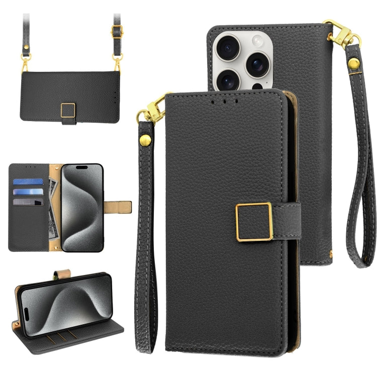 Crossbody Litchi Texture Square Buckle Leather Phone Case, For iPhone 16, For iPhone 15 Pro Max, For iPhone 15 Pro