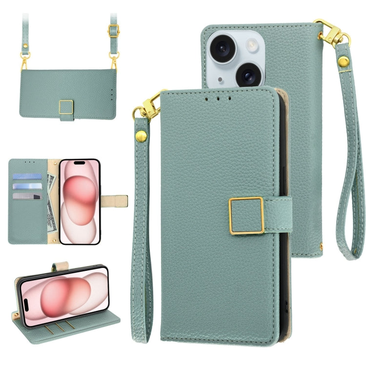 Crossbody Litchi Texture Square Buckle Leather Phone Case, For iPhone 15 Plus, For iPhone 15, For iPhone 14 Plus