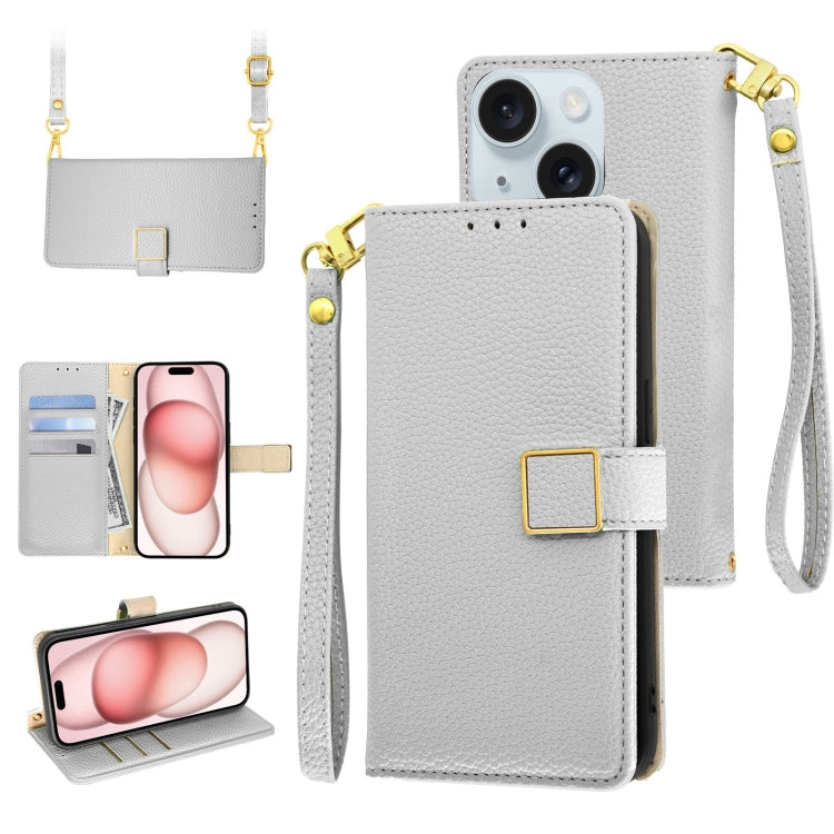 Crossbody Litchi Texture Square Buckle Leather Phone Case, For iPhone 15 Plus, For iPhone 15, For iPhone 14 Plus