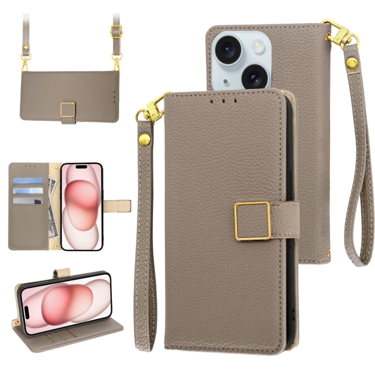 Crossbody Litchi Texture Square Buckle Leather Phone Case, For iPhone 15 Plus, For iPhone 15, For iPhone 14 Plus