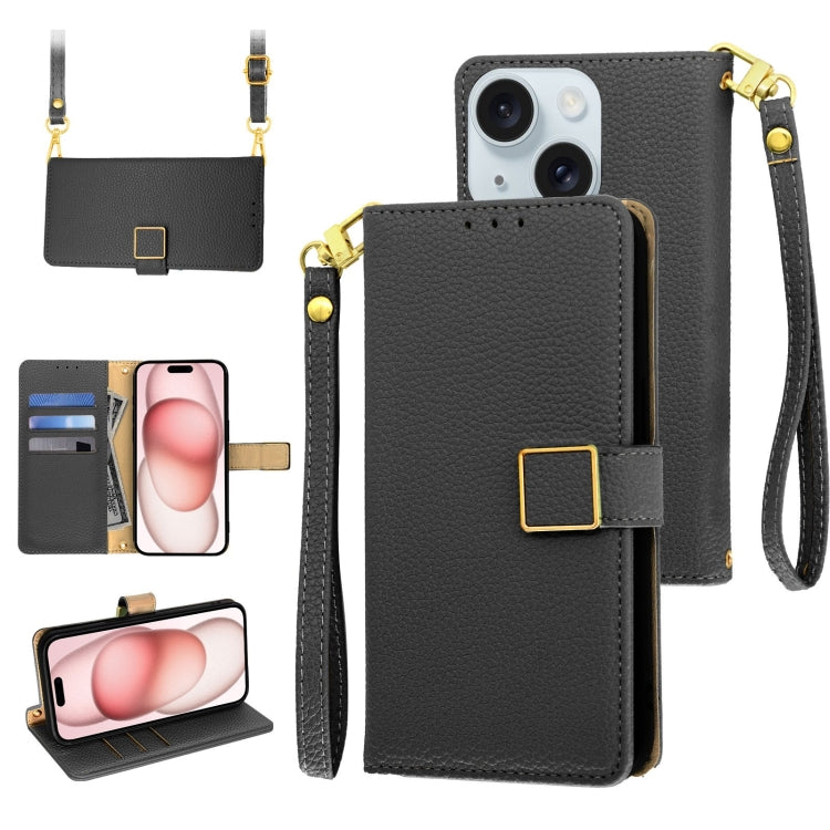 Crossbody Litchi Texture Square Buckle Leather Phone Case, For iPhone 15 Plus, For iPhone 15, For iPhone 14 Plus