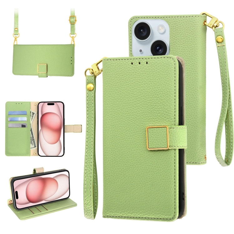 Crossbody Litchi Texture Square Buckle Leather Phone Case, For iPhone 15 Plus, For iPhone 15, For iPhone 14 Plus