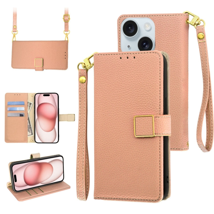 Crossbody Litchi Texture Square Buckle Leather Phone Case, For iPhone 15 Plus, For iPhone 15, For iPhone 14 Plus
