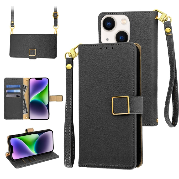 Crossbody Litchi Texture Square Buckle Leather Phone Case, For iPhone 15 Plus, For iPhone 15, For iPhone 14 Plus