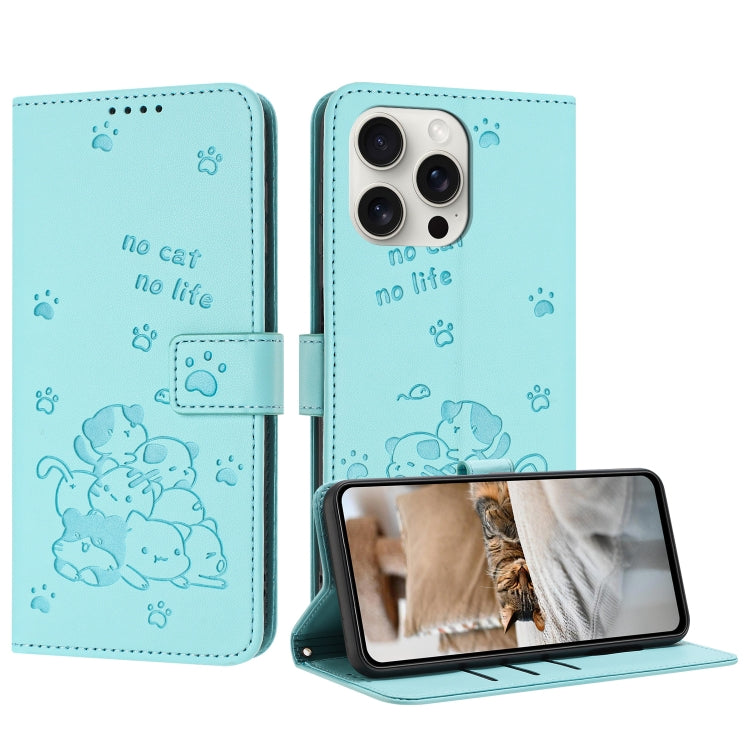 Embossed Kitten Phone Leather Case with Lanyard, iPhone 16e, For iPhone 16 Pro Max, For iPhone 16 Pro, For iPhone 16 Plus