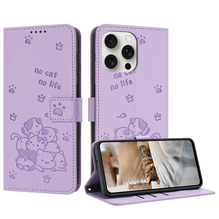 Embossed Kitten Phone Leather Case with Lanyard, iPhone 16e, For iPhone 16 Pro Max, For iPhone 16 Pro, For iPhone 16 Plus